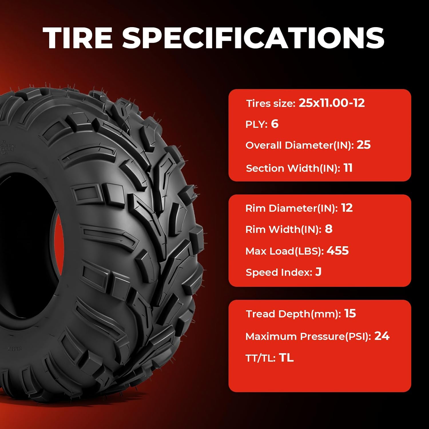 MOTOOS ATV/UTV All-Terrain Mud Tires 25x11-12 (Set of 2) view 2