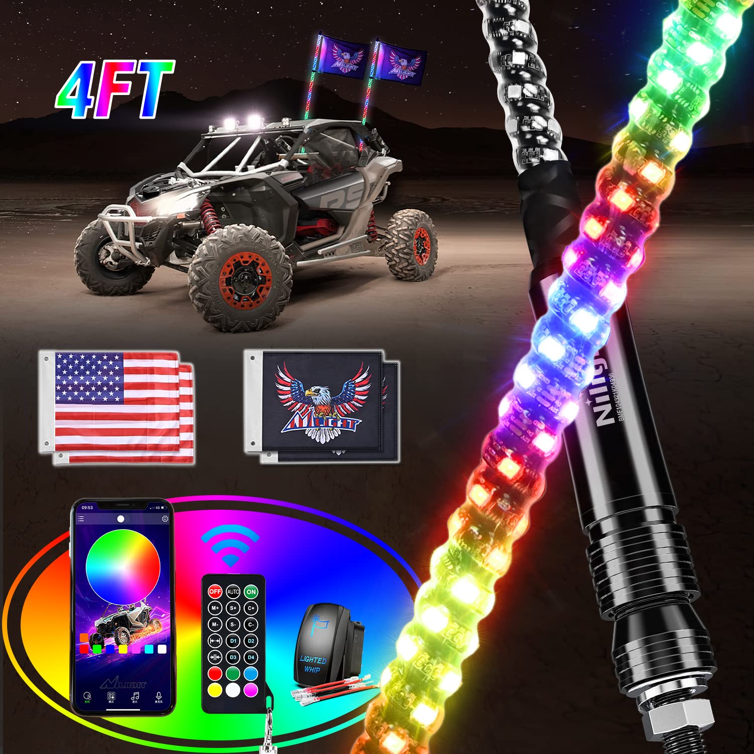 Nilight 4FT RGB LED Whip Lights w/App, Safety & Chase Modes