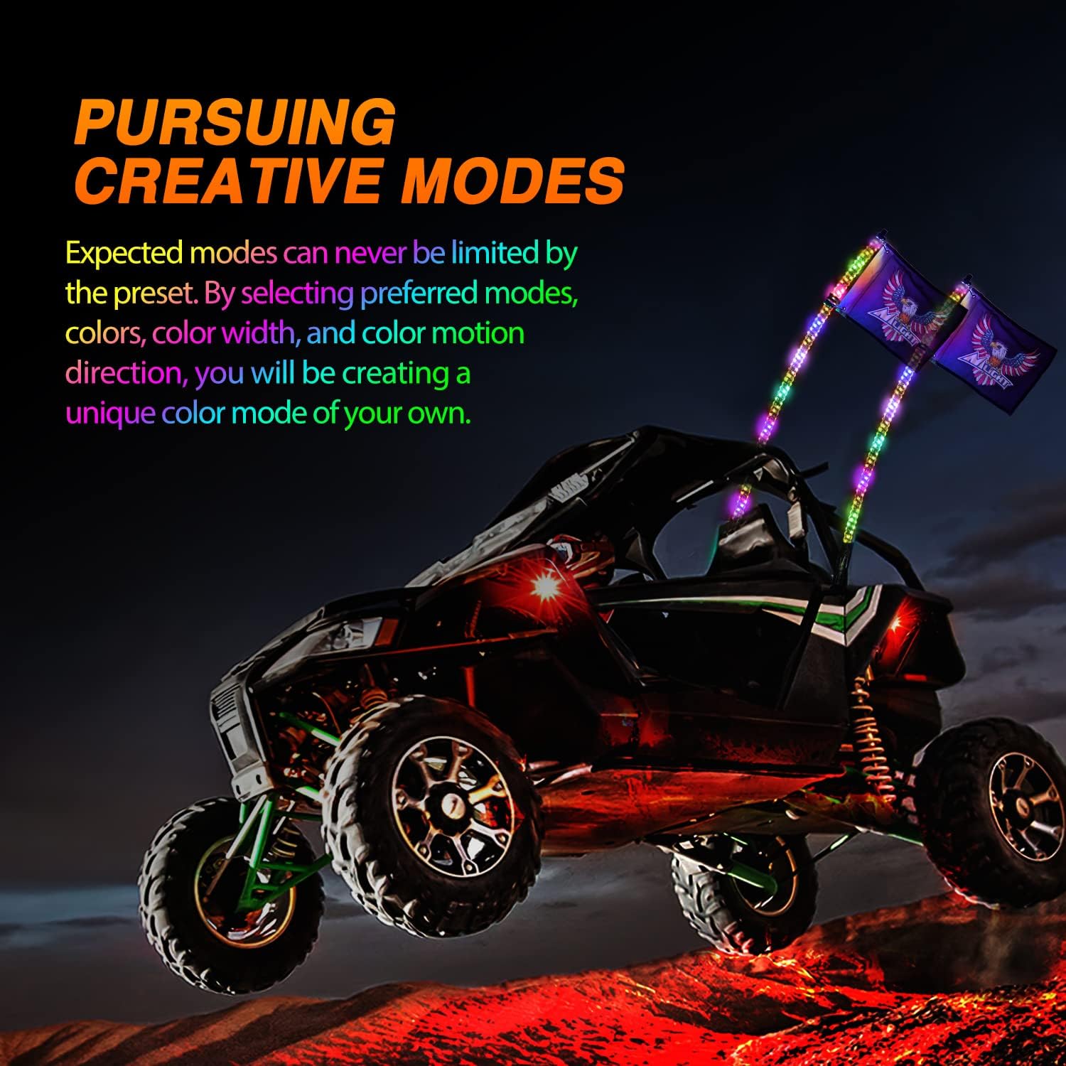 Nilight 4FT RGB LED Whip Lights w/App, Safety & Chase Modes view 2