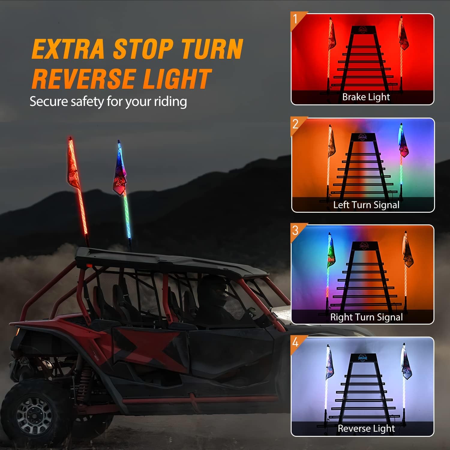 Nilight 4FT RGB LED Whip Lights w/App, Safety & Chase Modes view 3