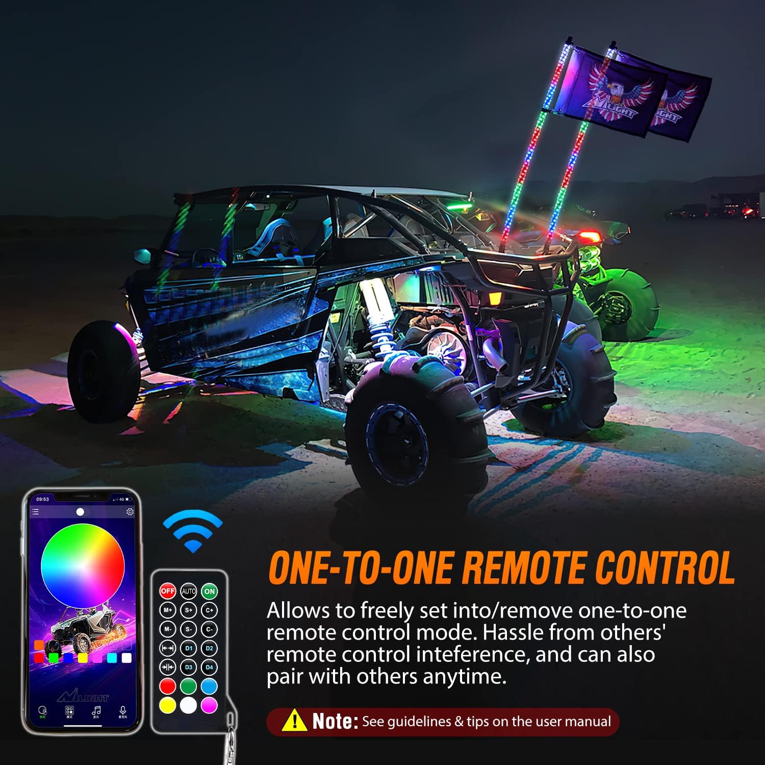 Nilight 4FT RGB LED Whip Lights w/App, Safety & Chase Modes view 4