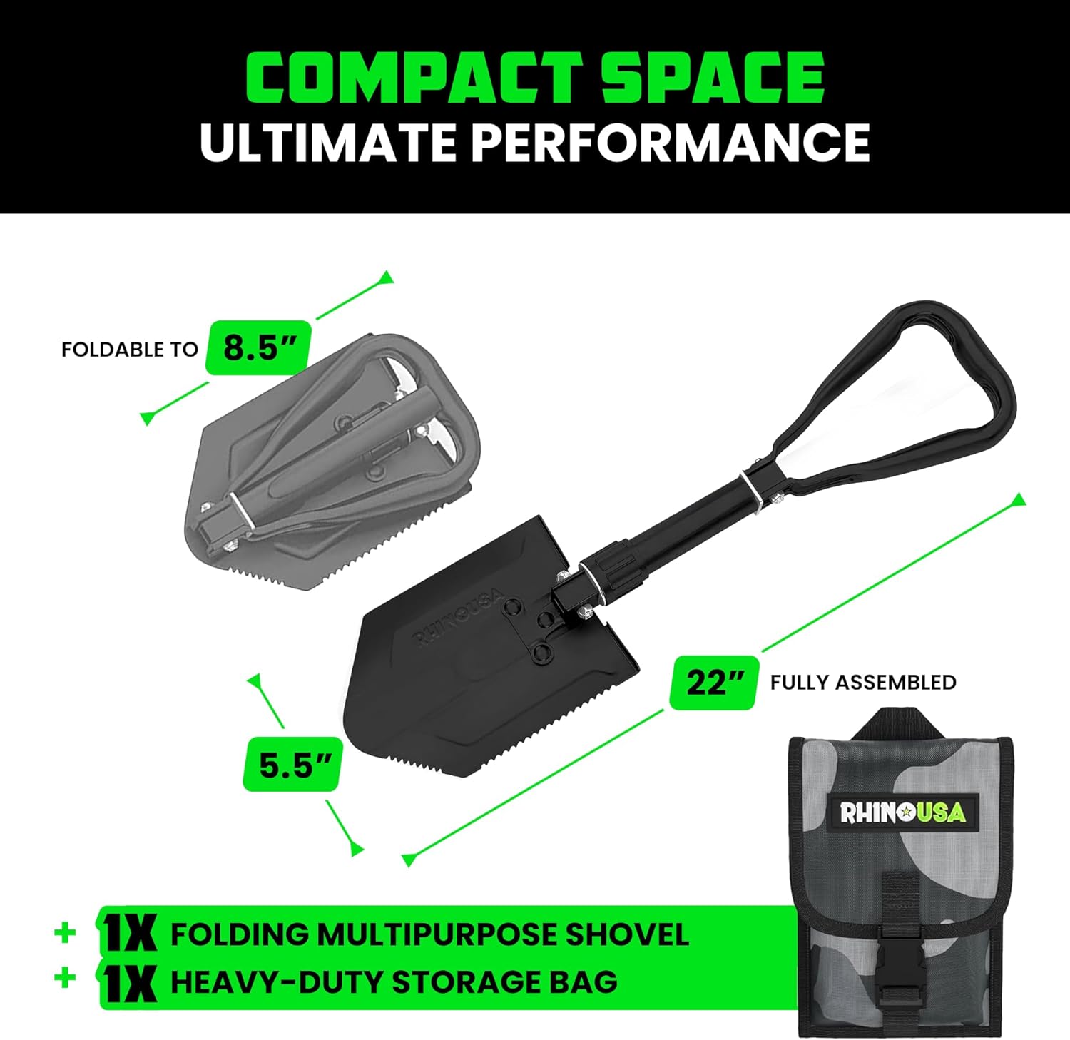Rhino USA Folding Survival Shovel with Pick - 4