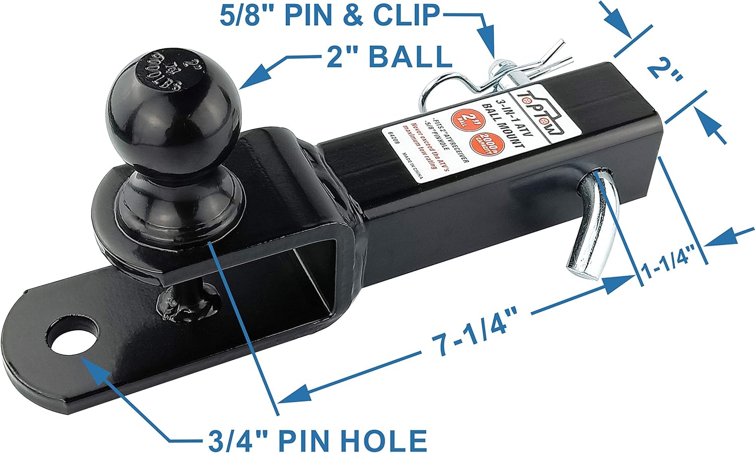 TOPTOW ATV/UTV Trailer Hitch Ball Mount with Clevis Pin - 5