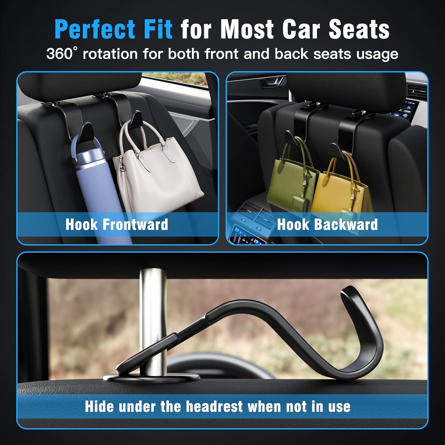 Amooca Car Headrest Hooks for Bag Storage - 3