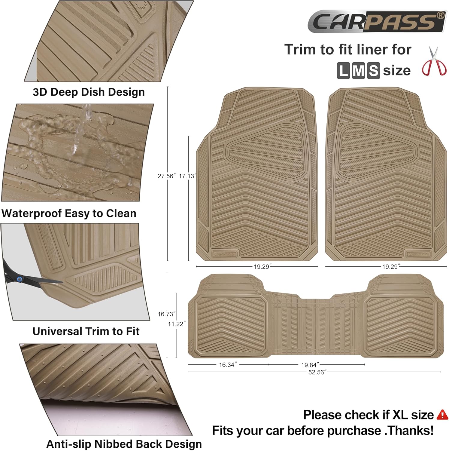 CAR PASS 3pc Tan All-Weather Rubber Car Mats - 2
