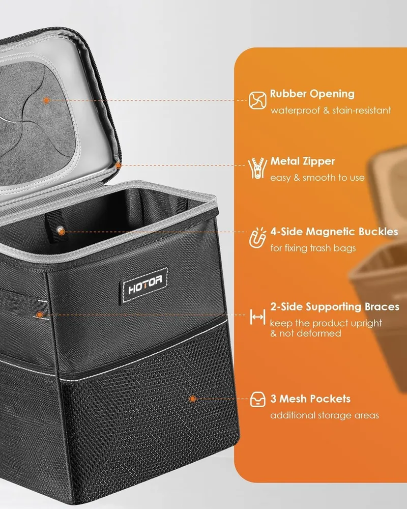 HOTOR Car Trash Can with Lid and Storage Pockets - 2