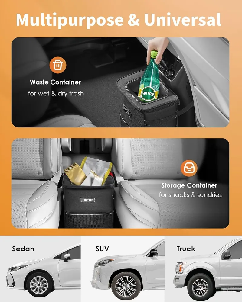 HOTOR Car Trash Can with Lid and Storage Pockets - 5