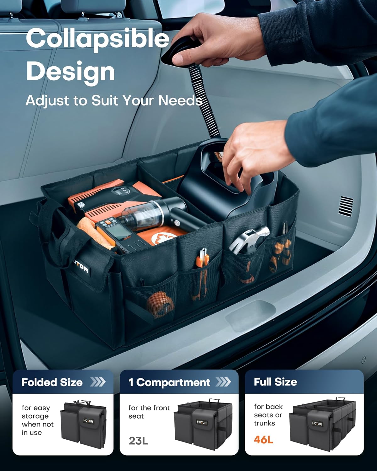 HOTOR Foldable 2-Compartment Car Trunk Organizer view 4