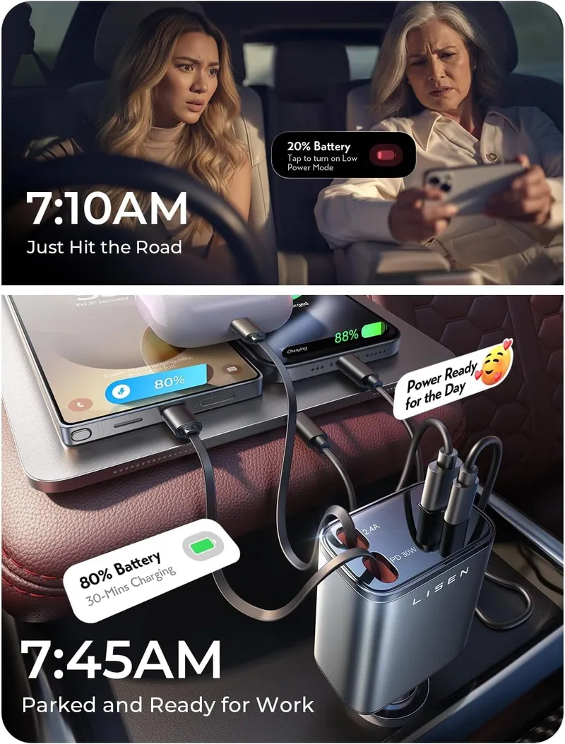 LISEN Retractable Car Charger, 69W Cars Adapter USB C Fast Charger view 4