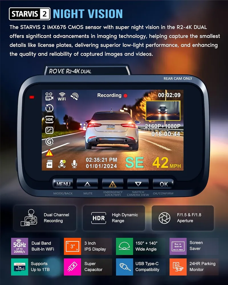ROVE R2-4K DUAL Dash Cam Front and Rear, STARVIS 2 Sensor, FREE 128GB Card Included - 3