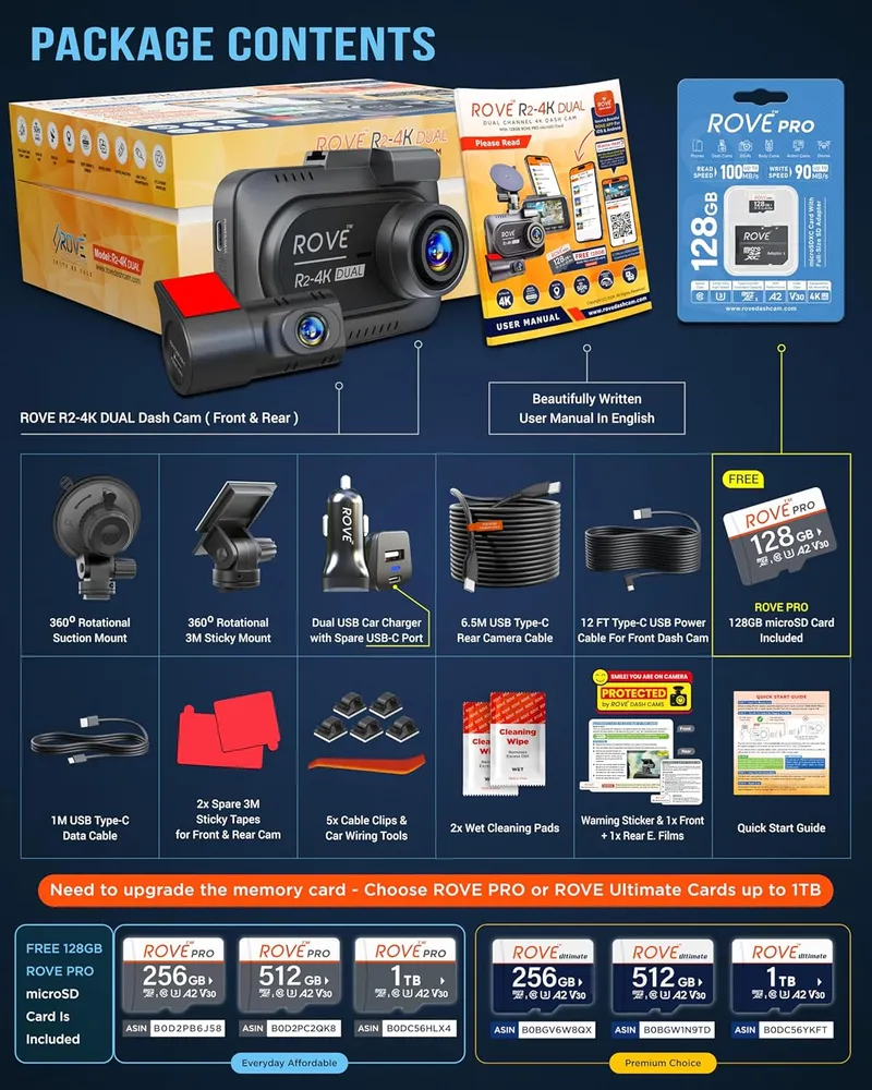 ROVE R2-4K DUAL Dash Cam Front and Rear, STARVIS 2 Sensor, FREE 128GB Card Included - 5