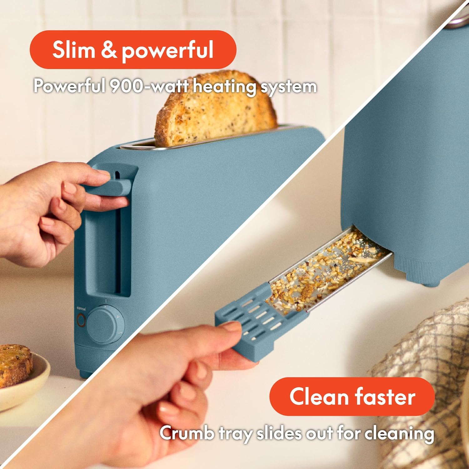 bella 2 Slice Slim Toaster, Fits-anywhere™ Kitchenware, 6 Setting Shade Control with Reheat & Cancel Buttons, Fits Sourdough, 10” Long Slot, Anti Jam & Auto Shutoff, 900 Watt, Surf 2 Slice Surf - 5