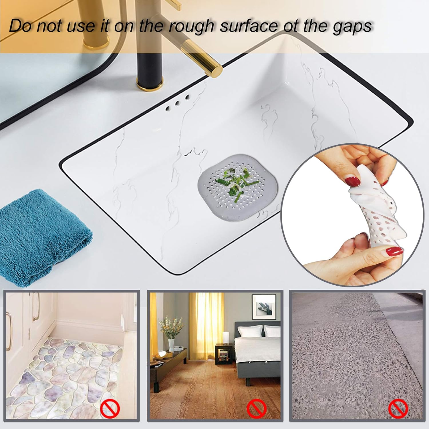 Hair Drain Catcher,Square Drain Cover for Shower Silicone Hair Stopper with Suction Cup,Easy to Install Suit for Bathroom,Bathtub,Kitchen 2 Pack (Sliver Grey) - 3