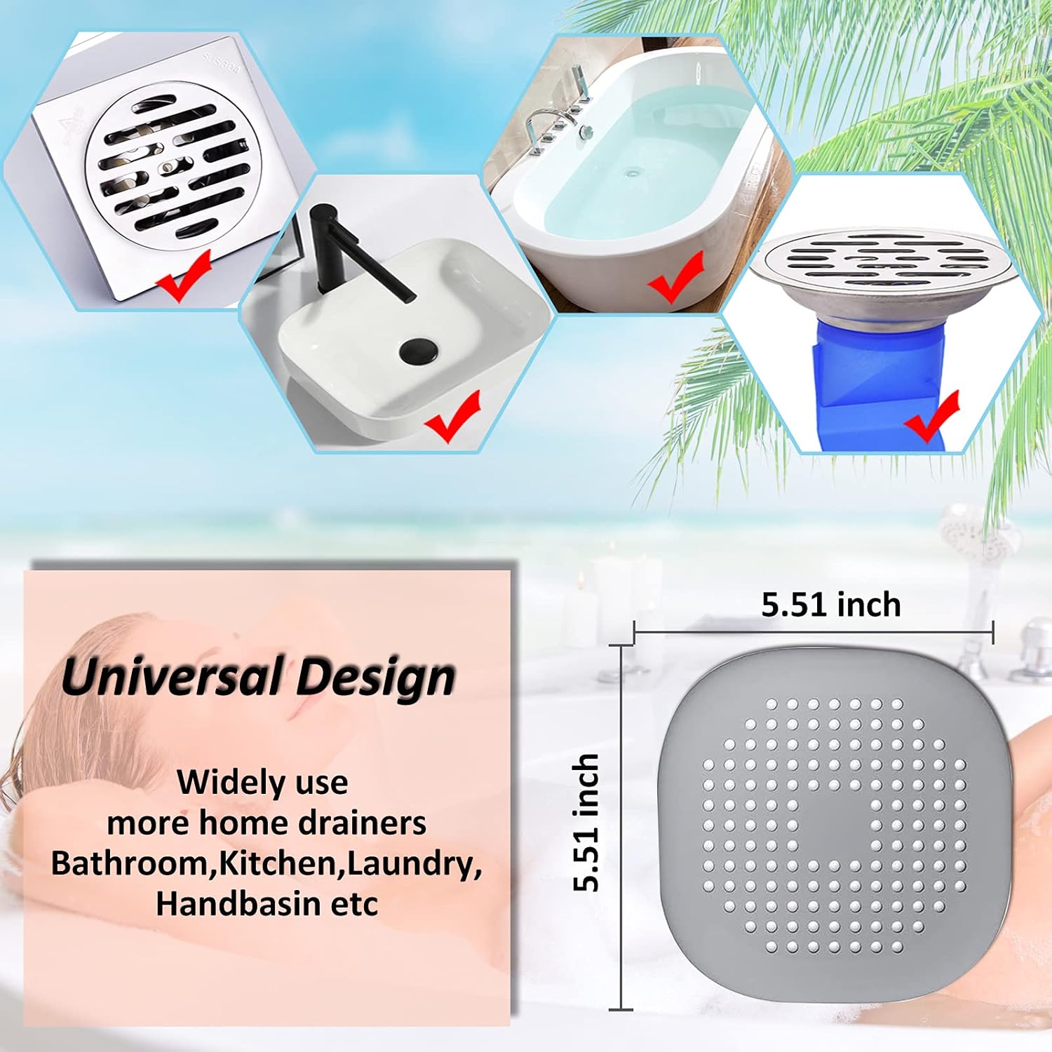 Hair Drain Catcher,Square Drain Cover for Shower Silicone Hair Stopper with Suction Cup,Easy to Install Suit for Bathroom,Bathtub,Kitchen 2 Pack (Sliver Grey) - 4