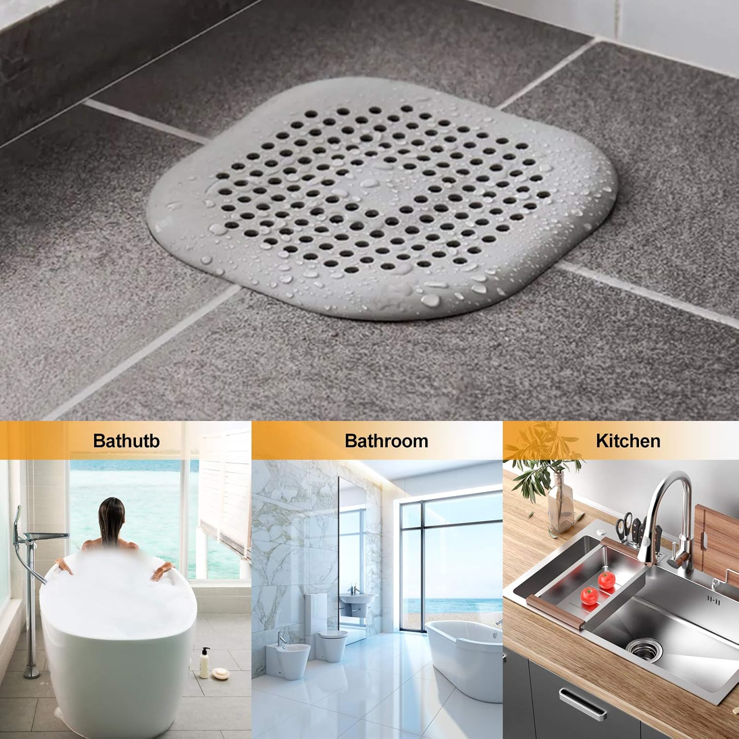 Hair Drain Catcher,Square Drain Cover for Shower Silicone Hair Stopper with Suction Cup,Easy to Install Suit for Bathroom,Bathtub,Kitchen 2 Pack (Sliver Grey) - 5