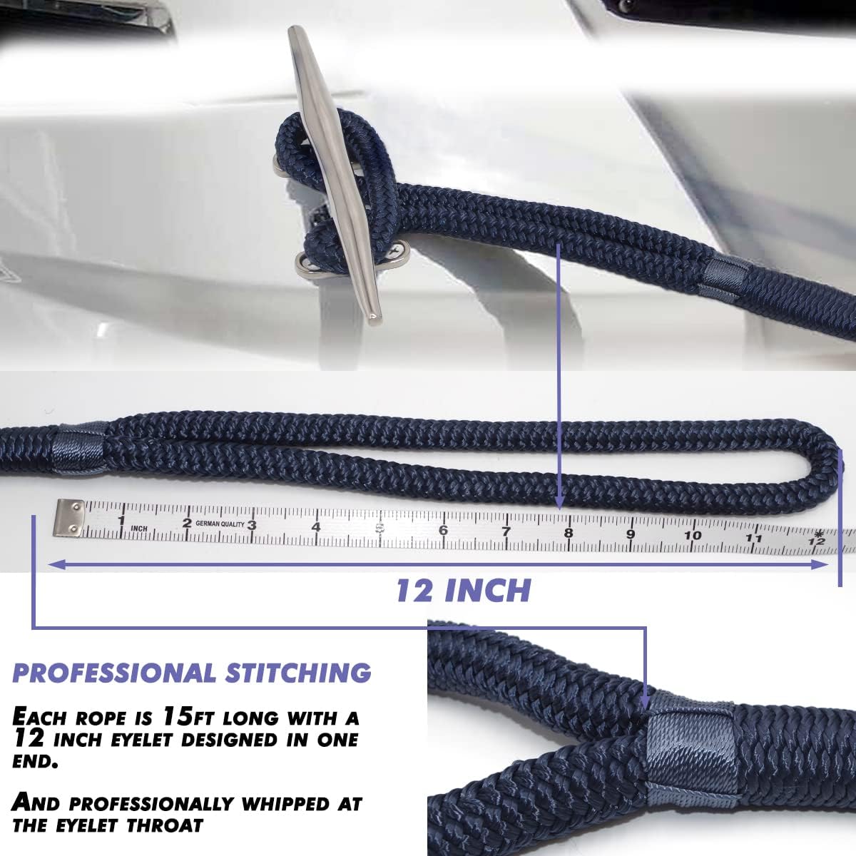 INNOCEDEAR 4-Pack 1/2" x 15' Double-Braided Dock Lines - 4