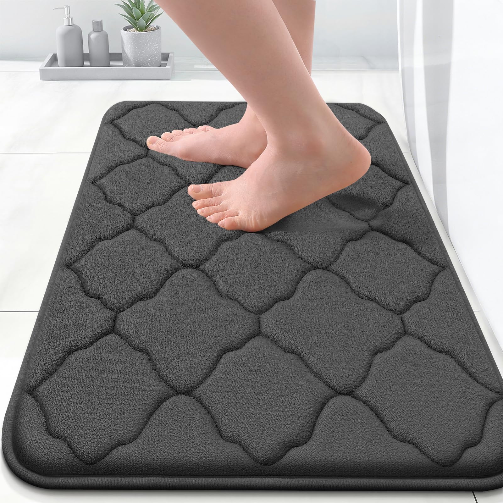 OLANLY Memory Foam Bath Mat Rug 24x16, Ultra Soft and Absorbent Bathroom Rugs, Non-Slip, Comfortable, Machine Washable Bath Carpet for Bathroom Floor, Tub, Shower and Home Decor Accessories, Black Black Rectangular 24" x 16"