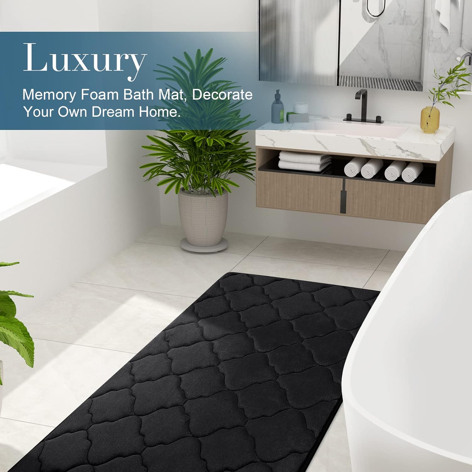 OLANLY Memory Foam Bath Mat Rug 24x16, Ultra Soft and Absorbent Bathroom Rugs, Non-Slip, Comfortable, Machine Washable Bath Carpet for Bathroom Floor, Tub, Shower and Home Decor Accessories, Black Black Rectangular 24" x 16" - 5