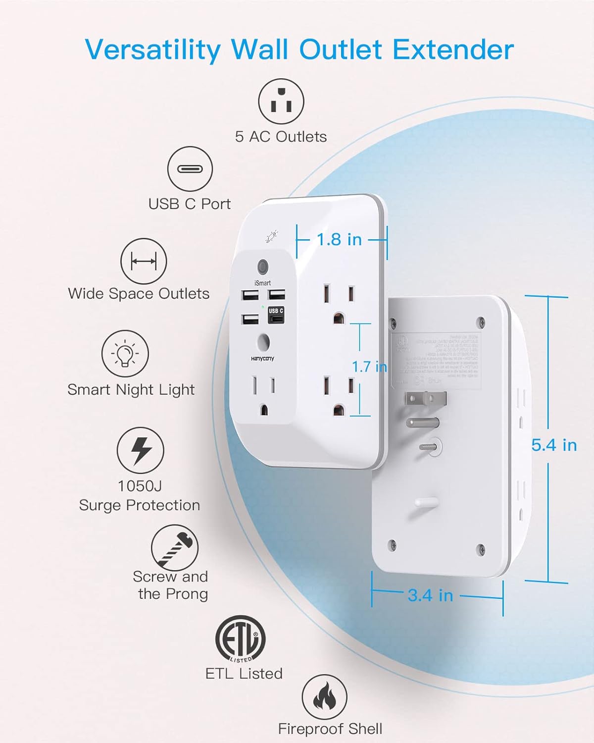 Outlet Extender with Night Light, HANYCONY Multi Plug Outlet, USB Wall Charger Surge Protector 4 USB Ports(1 USB C), Power Strip Electrical Outlet Splitter Expander for Home Office Dorm Room, ETL 1 USB C White view 2
