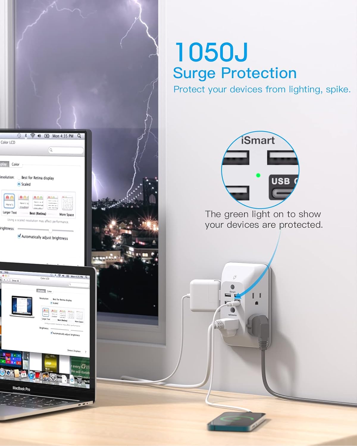 Outlet Extender with Night Light, HANYCONY Multi Plug Outlet, USB Wall Charger Surge Protector 4 USB Ports(1 USB C), Power Strip Electrical Outlet Splitter Expander for Home Office Dorm Room, ETL 1 USB C White view 5