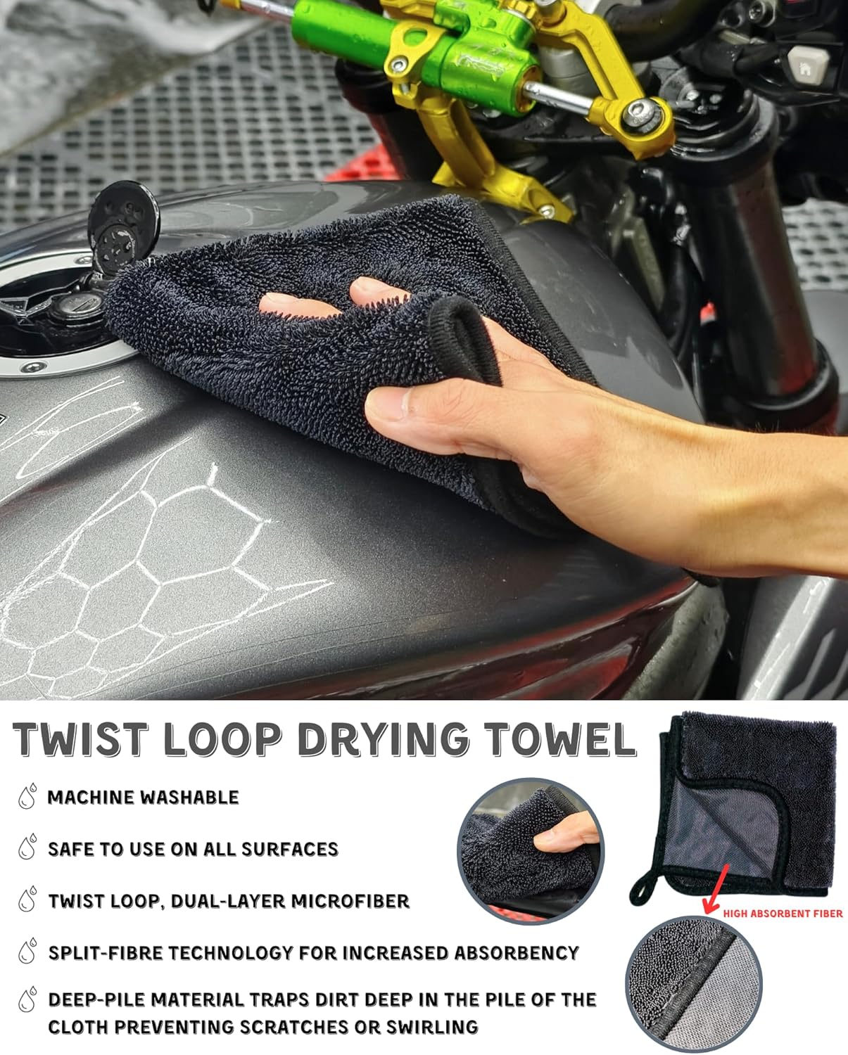 8 Pack Motorcycle Cleaning Kit - Professional Safe for Chrome/Engine/Tires, Hard Reach Brush, Microfiber Mitt, Detailing Tools, Drying Towel & Wax Applicators view 4