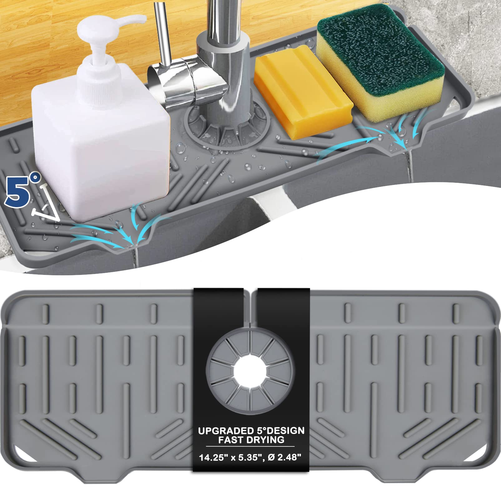 BFONS Silicone Faucet Handle Drip Catcher Drying Tray Mat Dish Soap Sponge Holder Accessories Gadgets for Kitchen Counter Bathroom Kitchen Sink Splash Guard -Grey Grey(1Pack): 14.25"x5.35"
