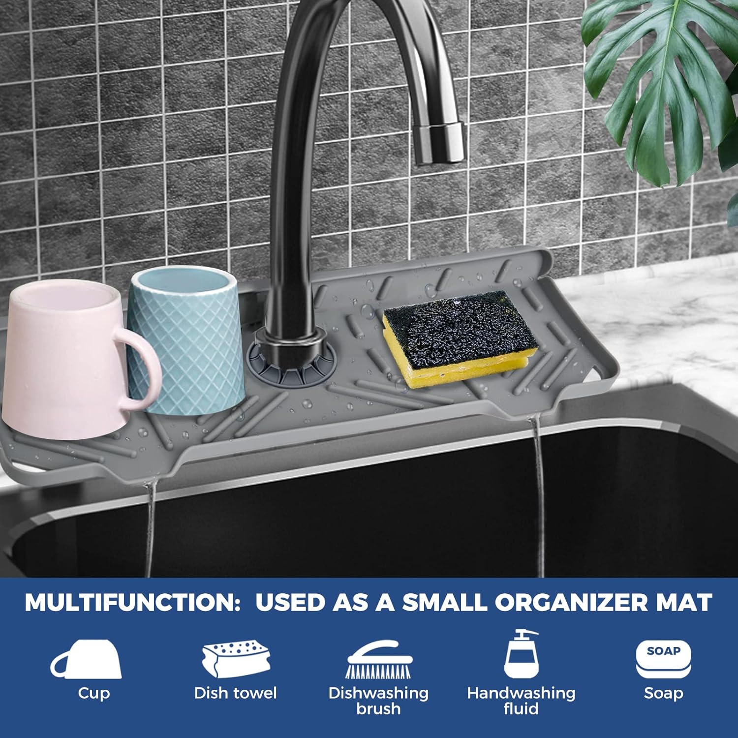 BFONS Silicone Faucet Handle Drip Catcher Drying Tray Mat Dish Soap Sponge Holder Accessories Gadgets for Kitchen Counter Bathroom Kitchen Sink Splash Guard -Grey Grey(1Pack): 14.25"x5.35" view 2