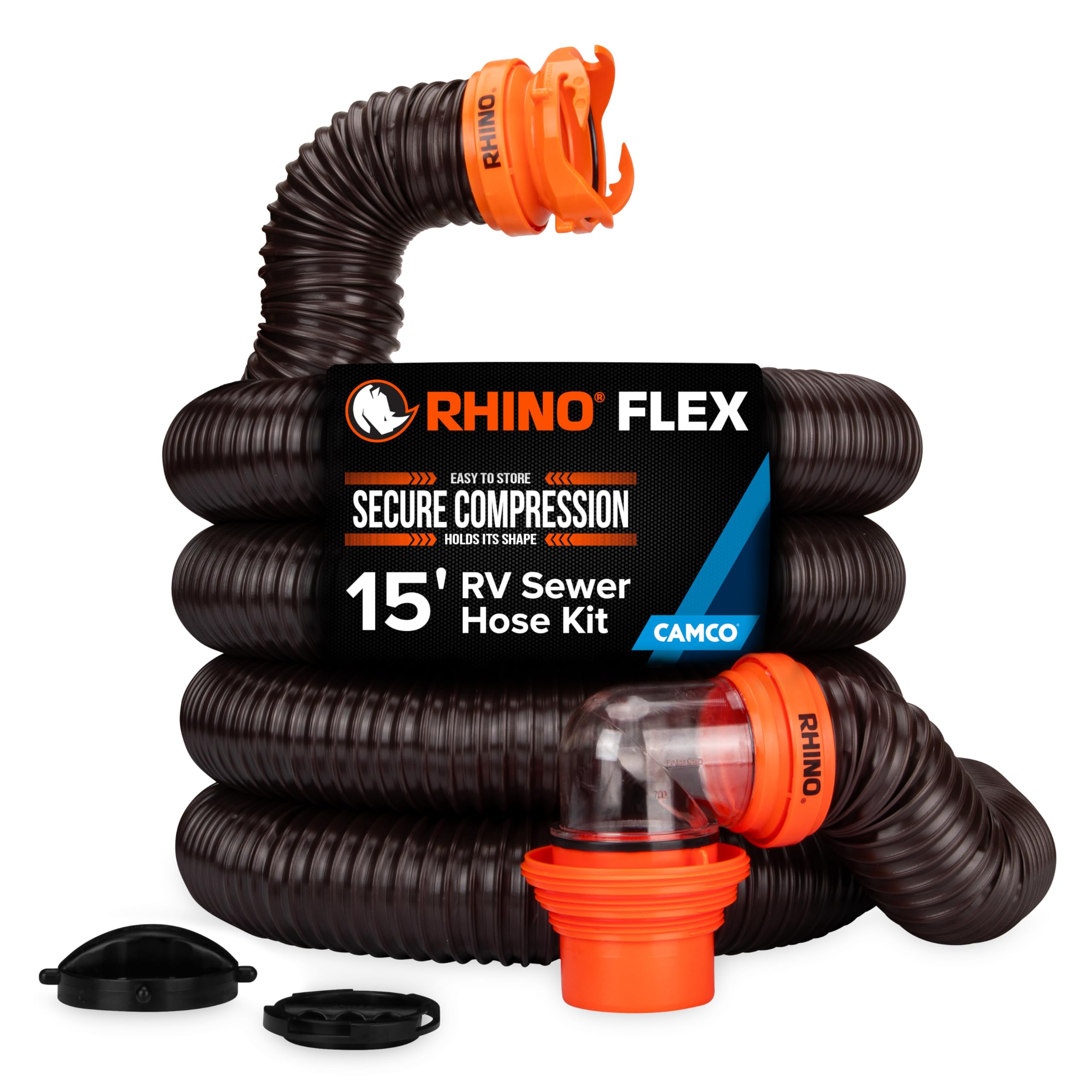 Camco RhinoFLEX 15-Ft RV Sewer Hose Kit - Features Clear Elbow Fitting w/Removable 4-in-1 Adapter - Connects to 3” Slip or 3”/3.5”/4” NPT Threaded Sewer Connection (39770) 15' Rhino Sewer Hose