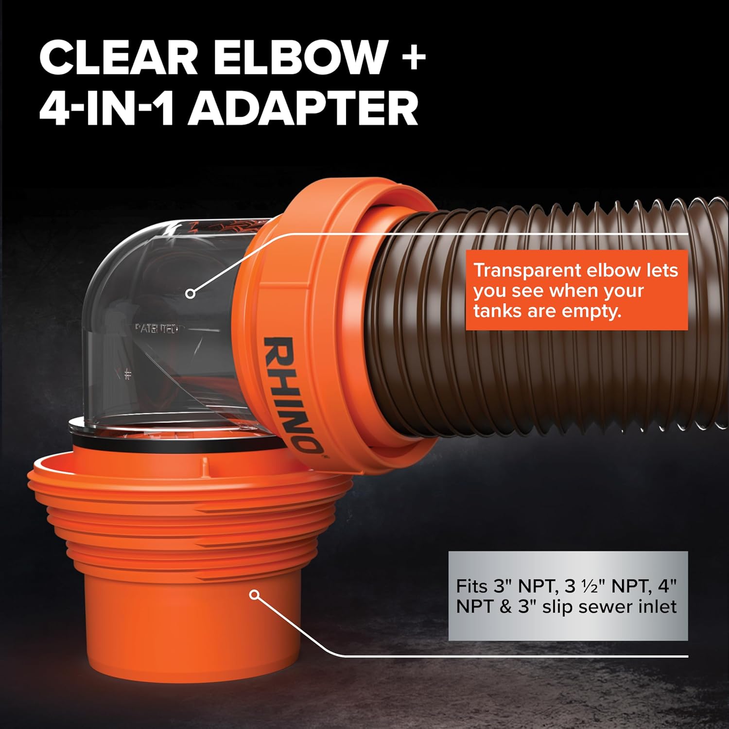 Camco RhinoFLEX 15-Ft RV Sewer Hose Kit - Features Clear Elbow Fitting w/Removable 4-in-1 Adapter - Connects to 3” Slip or 3”/3.5”/4” NPT Threaded Sewer Connection (39770) 15' Rhino Sewer Hose - 4