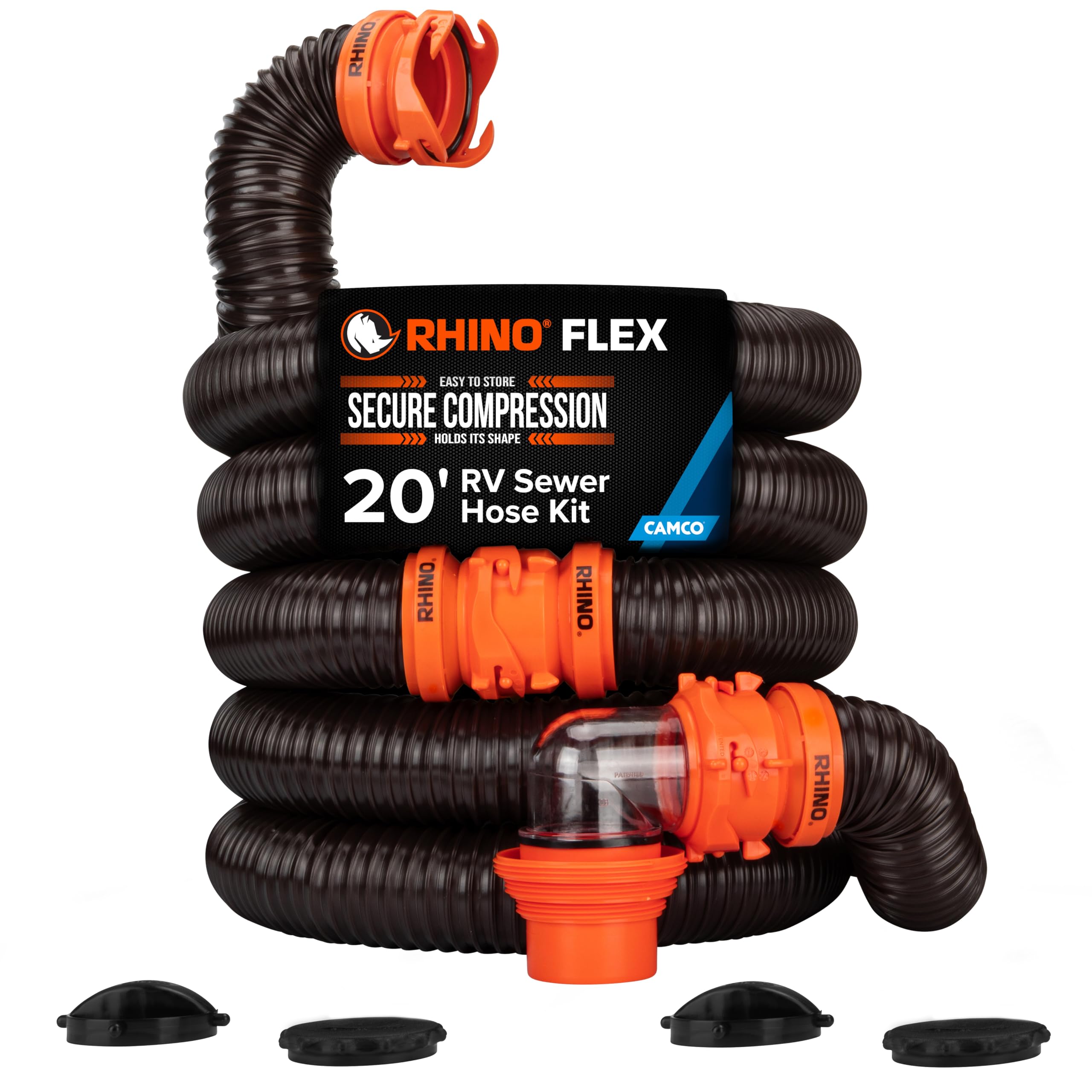 Camco RhinoFLEX 20-Ft RV Sewer Hose Kit - Features Clear Elbow Fitting w/Removable 4-in-1 Adapter - Connects to 3” Slip or 3”/3.5”/4” NPT Threaded Sewer Connection (39742) 20' Rhino Sewer Hose