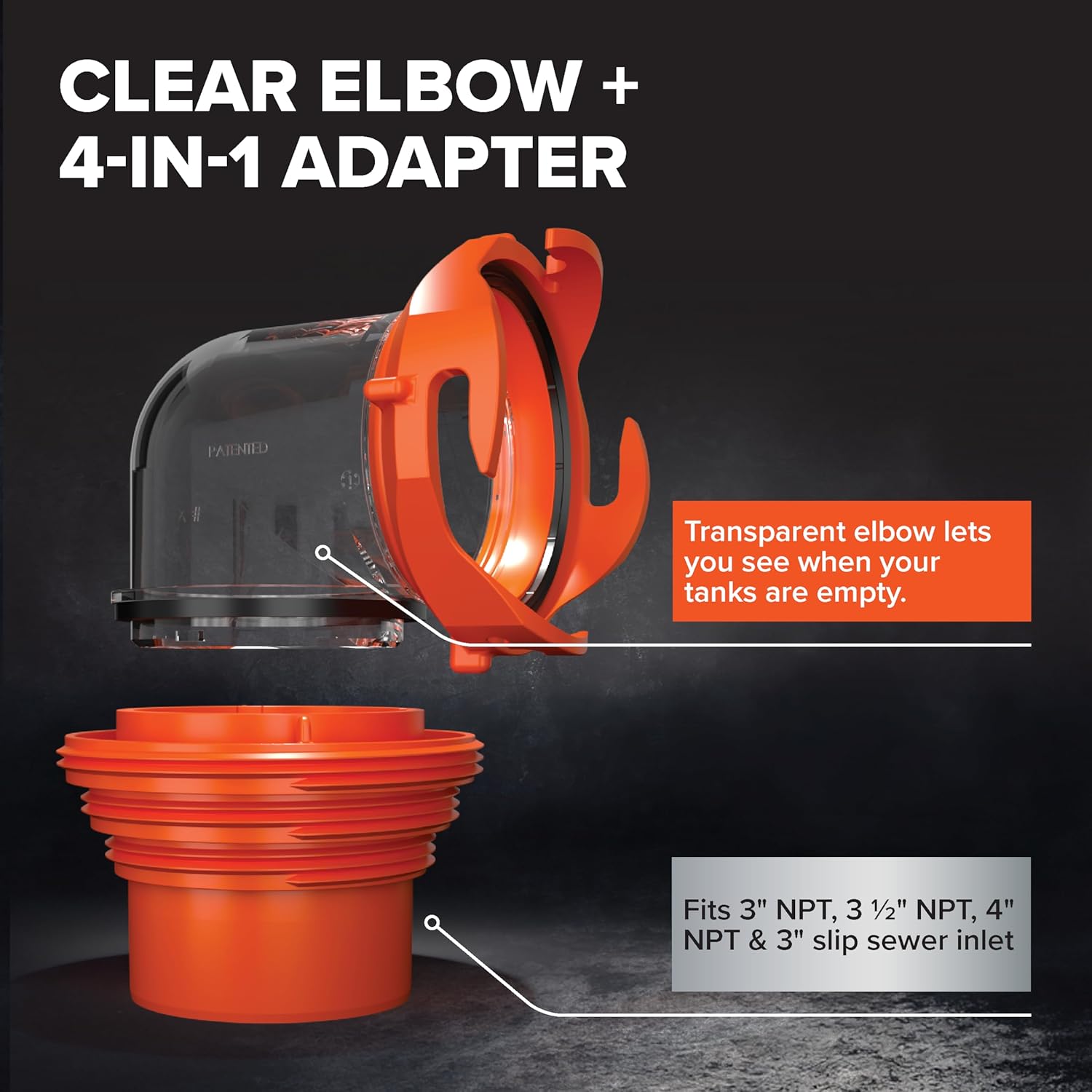 Camco RhinoFLEX 20-Ft RV Sewer Hose Kit - Features Clear Elbow Fitting w/Removable 4-in-1 Adapter - Connects to 3” Slip or 3”/3.5”/4” NPT Threaded Sewer Connection (39742) 20' Rhino Sewer Hose view 4