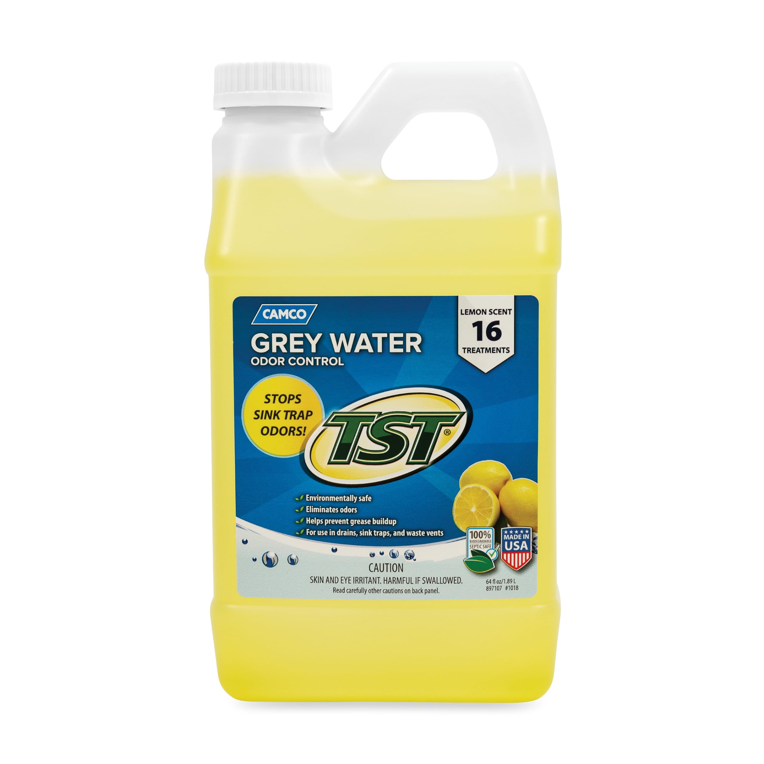 Camco TST Camper/RV Grey Water Odor Control - Removes Grease Buildup in Gray Water Tank, Sink & Shower Drains - 4oz Treats 40-Gal Holding Tank - Safe Septic Tank Treatment - Lemon, 64 oz (40256) Lemon 64 Fl Oz (Pack of 1)