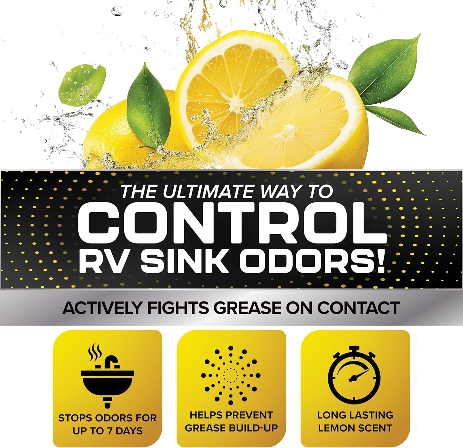 Camco TST Camper/RV Grey Water Odor Control - Removes Grease Buildup in Gray Water Tank, Sink & Shower Drains - 4oz Treats 40-Gal Holding Tank - Safe Septic Tank Treatment - Lemon, 64 oz (40256) Lemon 64 Fl Oz (Pack of 1) - 2