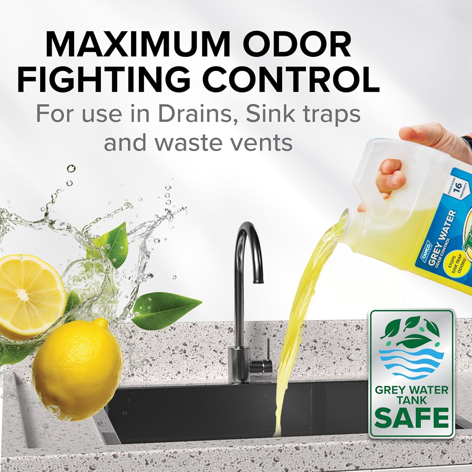 Camco TST Camper/RV Grey Water Odor Control - Removes Grease Buildup in Gray Water Tank, Sink & Shower Drains - 4oz Treats 40-Gal Holding Tank - Safe Septic Tank Treatment - Lemon, 64 oz (40256) Lemon 64 Fl Oz (Pack of 1) - 3