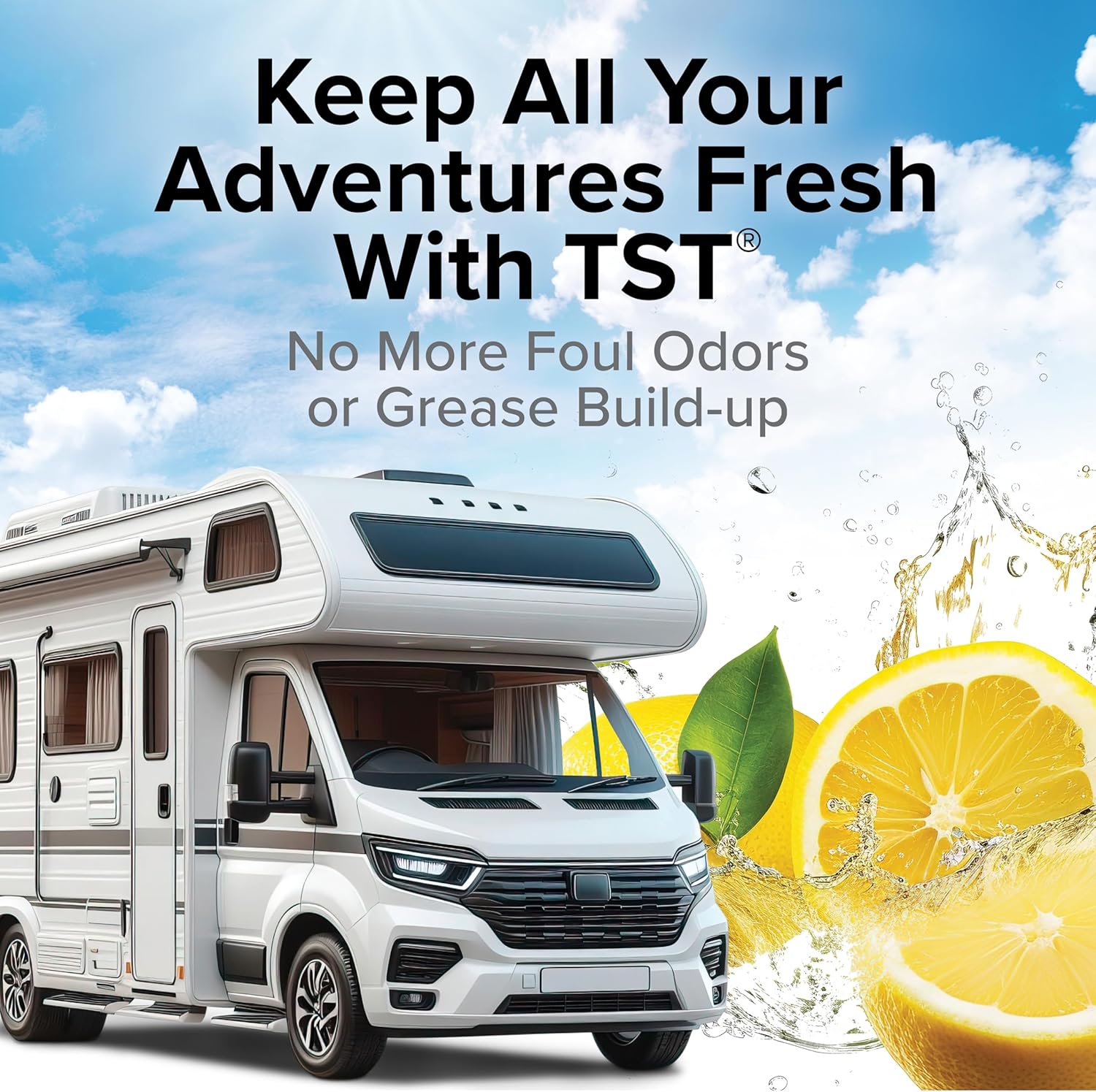 Camco TST Camper/RV Grey Water Odor Control - Removes Grease Buildup in Gray Water Tank, Sink & Shower Drains - 4oz Treats 40-Gal Holding Tank - Safe Septic Tank Treatment - Lemon, 64 oz (40256) Lemon 64 Fl Oz (Pack of 1) - 4