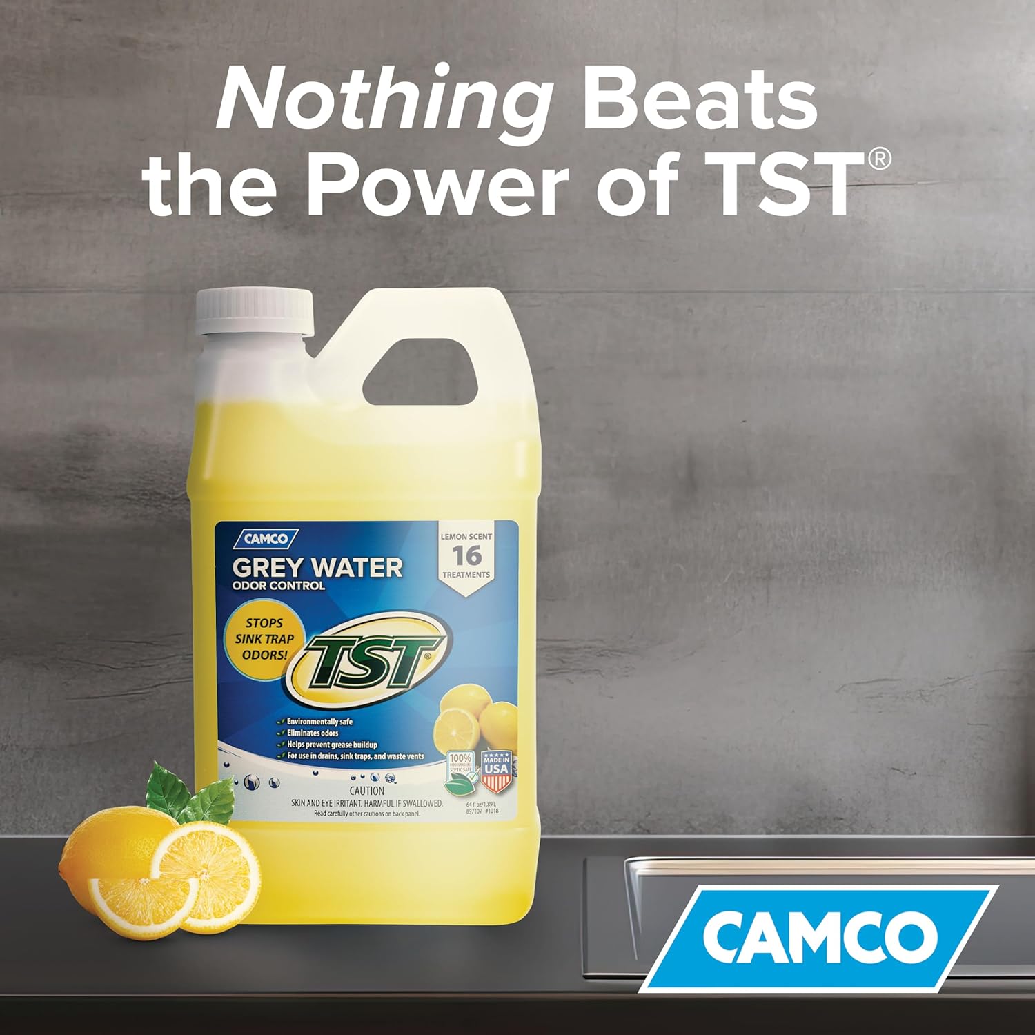 Camco TST Camper/RV Grey Water Odor Control - Removes Grease Buildup in Gray Water Tank, Sink & Shower Drains - 4oz Treats 40-Gal Holding Tank - Safe Septic Tank Treatment - Lemon, 64 oz (40256) Lemon 64 Fl Oz (Pack of 1) - 5