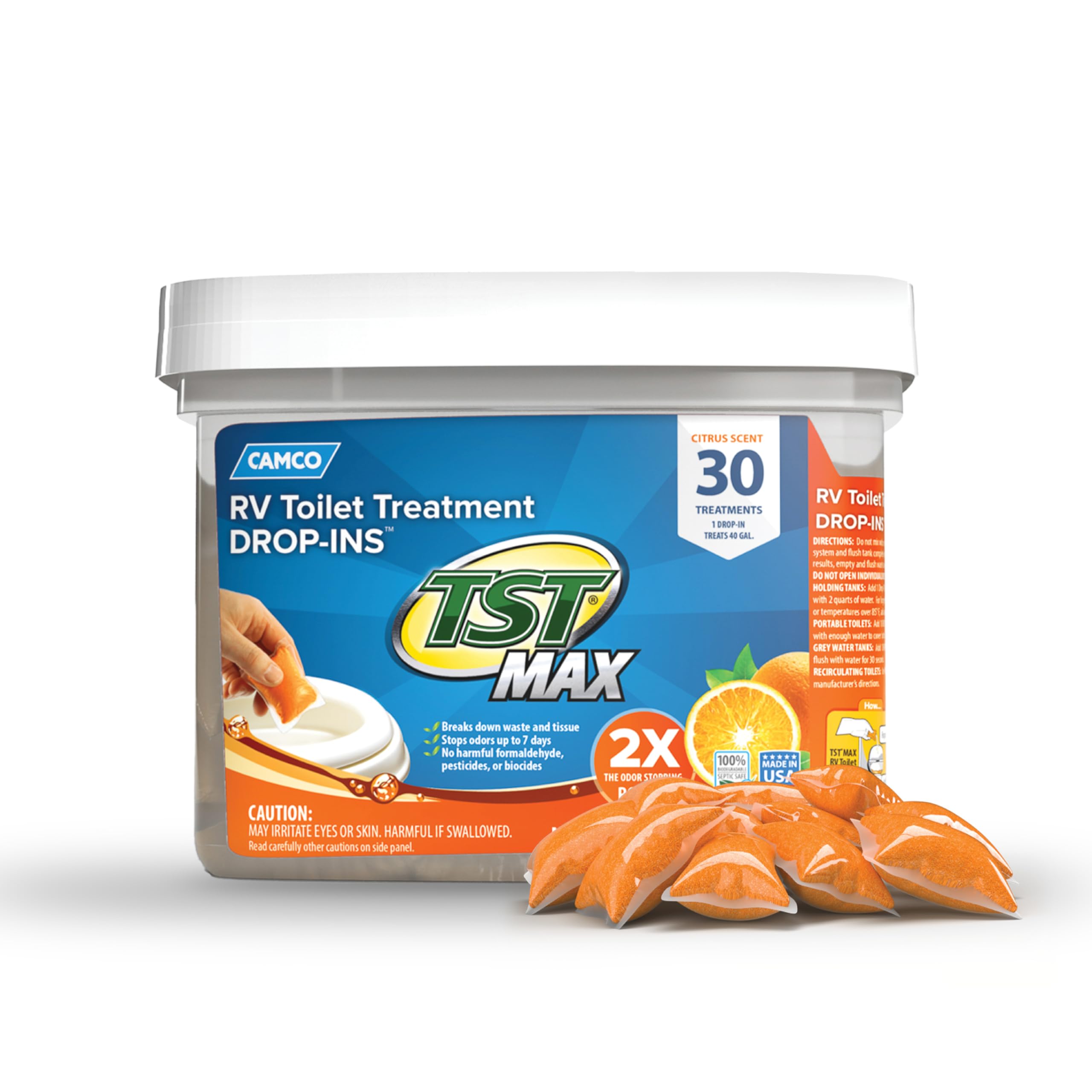 Camco TST MAX RV Toilet Treatment Drop-INs - Control Unwanted Odors & Break Down Waste and Tissue - Safe Septic Tank Treatment - Orange Scent, 30-Pack (41183) Orange 30 Count (Pack of 1)