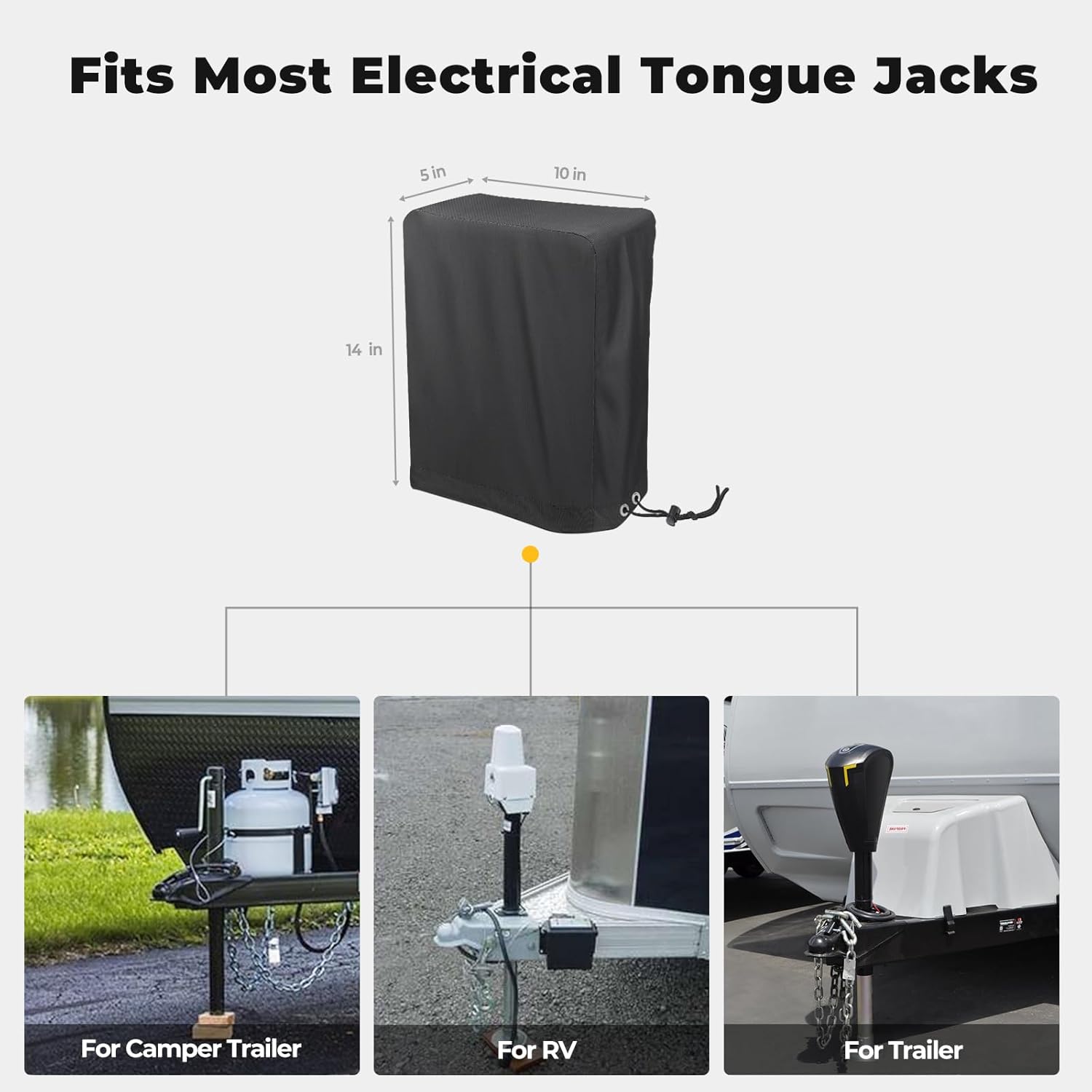 Electric Tongue Jack Cover, BougeRV 600D Universal Trailer RV Electric Tongue Jack Protective Cover (Size 14″H x 5″W x 10″D) Black - 3