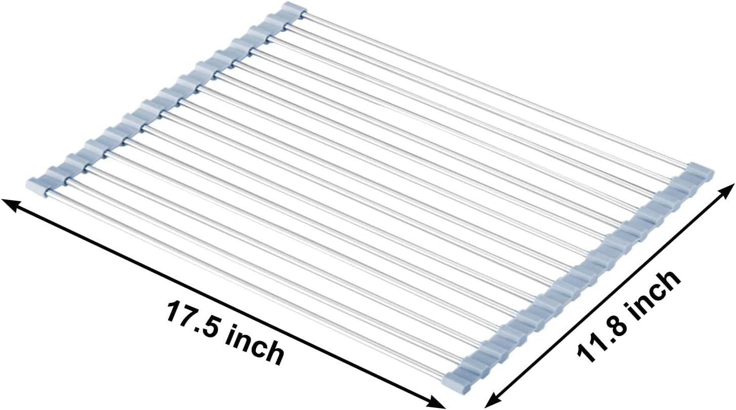 MECHEER Over The Sink Dish Drying Rack, Roll Up Dish Drying Rack Kitchen Dish Rack Stainless Steel Sink Drying Rack, Foldable Dish Drainer, 17.5''x11.8'' view 2
