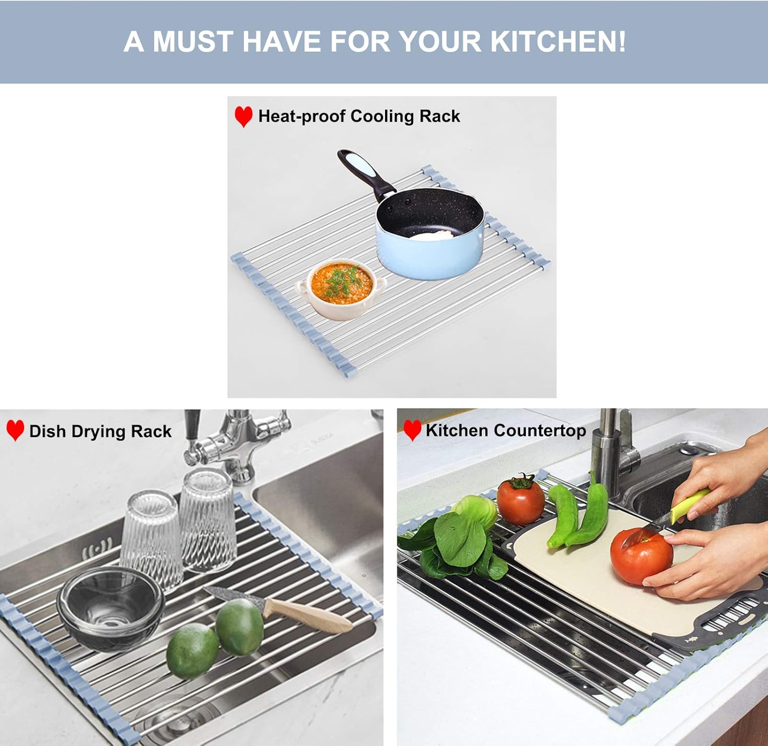 MECHEER Over The Sink Dish Drying Rack, Roll Up Dish Drying Rack Kitchen Dish Rack Stainless Steel Sink Drying Rack, Foldable Dish Drainer, 17.5''x11.8'' view 3