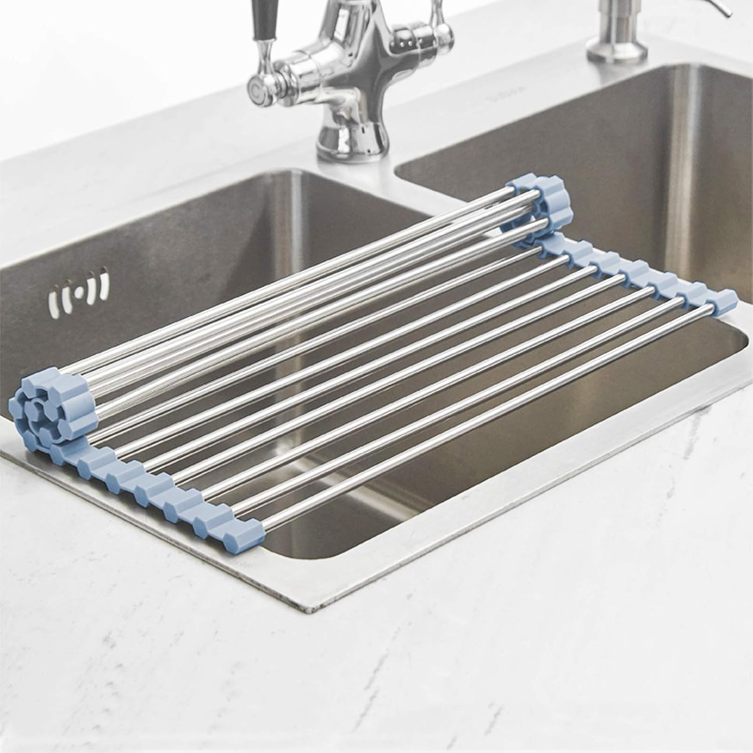 MECHEER Over The Sink Dish Drying Rack, Roll Up Dish Drying Rack Kitchen Dish Rack Stainless Steel Sink Drying Rack, Foldable Dish Drainer, 17.5''x11.8'' view 4