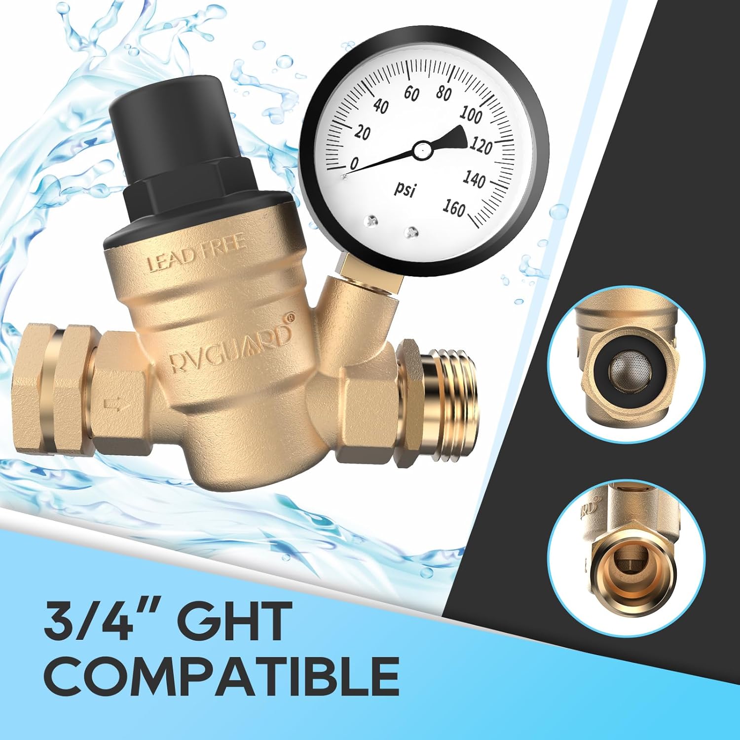 RVGUARD RV Water Pressure Regulator Valve, Brass Lead-Free Adjustable Water Pressure Reducer with Gauge and Inlet Screen Filter for RV Camper Travel Trailer view 3