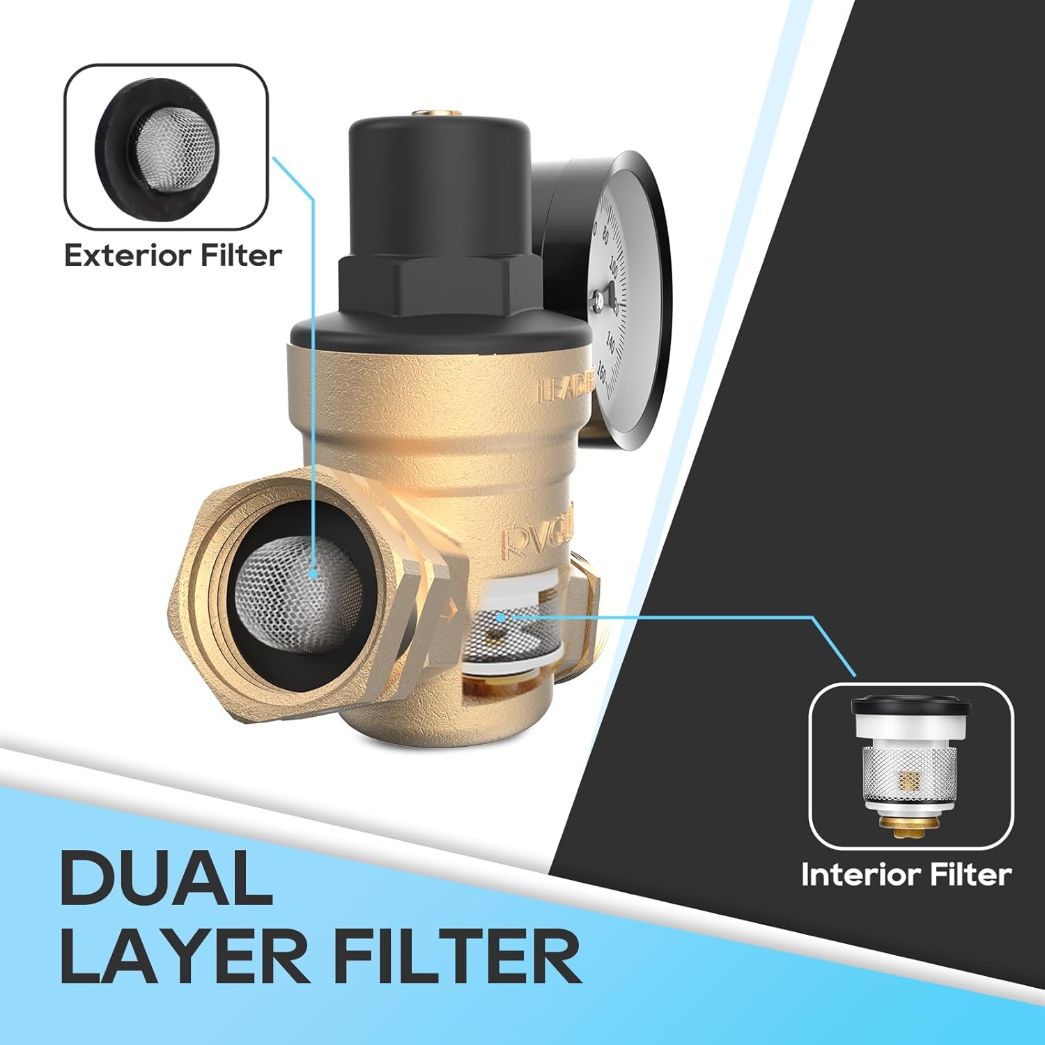 RVGUARD RV Water Pressure Regulator Valve, Brass Lead-Free Adjustable Water Pressure Reducer with Gauge and Inlet Screen Filter for RV Camper Travel Trailer view 4