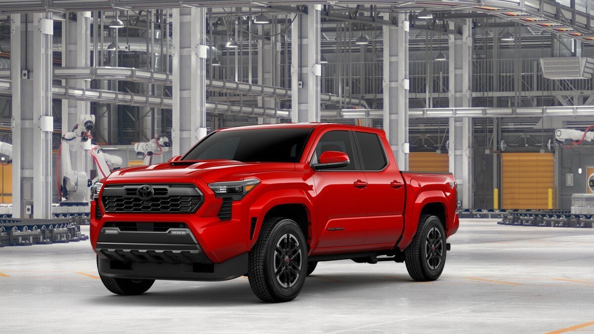 2026 Toyota Tacoma TRD Sport in Supersonic Red — front three-quarter view