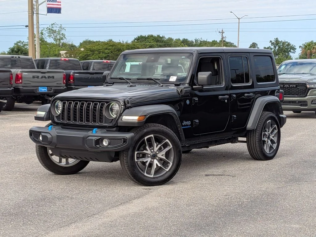 2024 Jeep Wrangler Sport S 4xe in Black — front three-quarter view