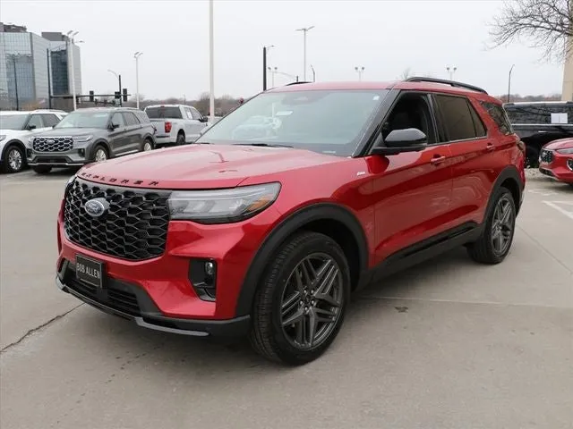 2026 Ford Explorer ST-Line in Red Metallic — front three-quarter view