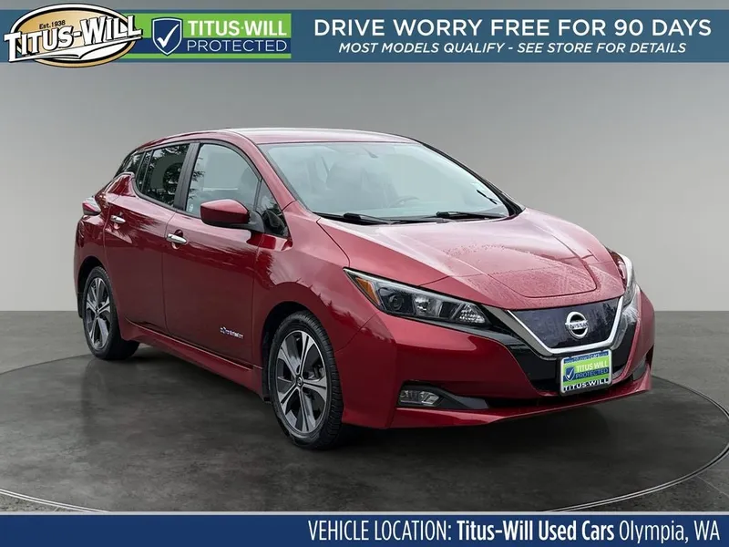 2019 Nissan Leaf SV in Scarlet Ember Tintcoat — front three-quarter view