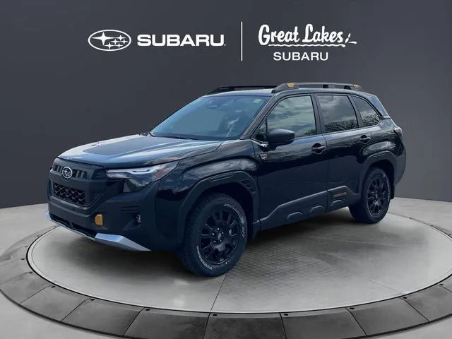 2026 Subaru FORESTER Wilderness in Crystal Black Silica — front three-quarter view