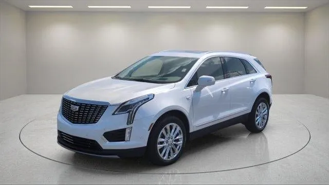 2026 Cadillac XT5 Premium Luxury in Crystal White Tricoat — front three-quarter view