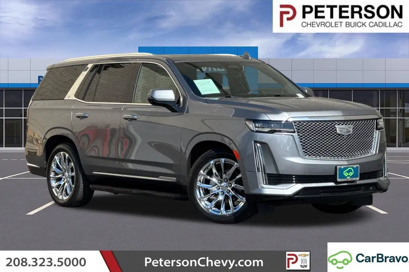 2021 Cadillac Escalade Premium Luxury Platinum in Satin Steel Metallic — front three-quarter view